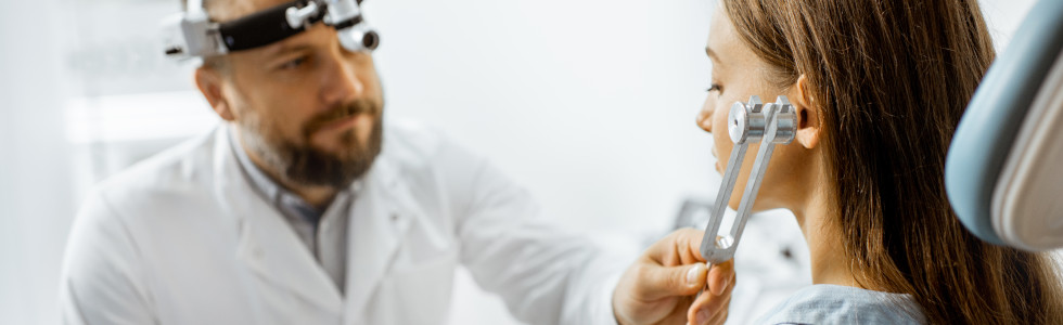 Ein Arzt hält eine Stimmgabel an das Ohr einer Patientin – jetzt Stimmgabel für Neurologie kaufen!