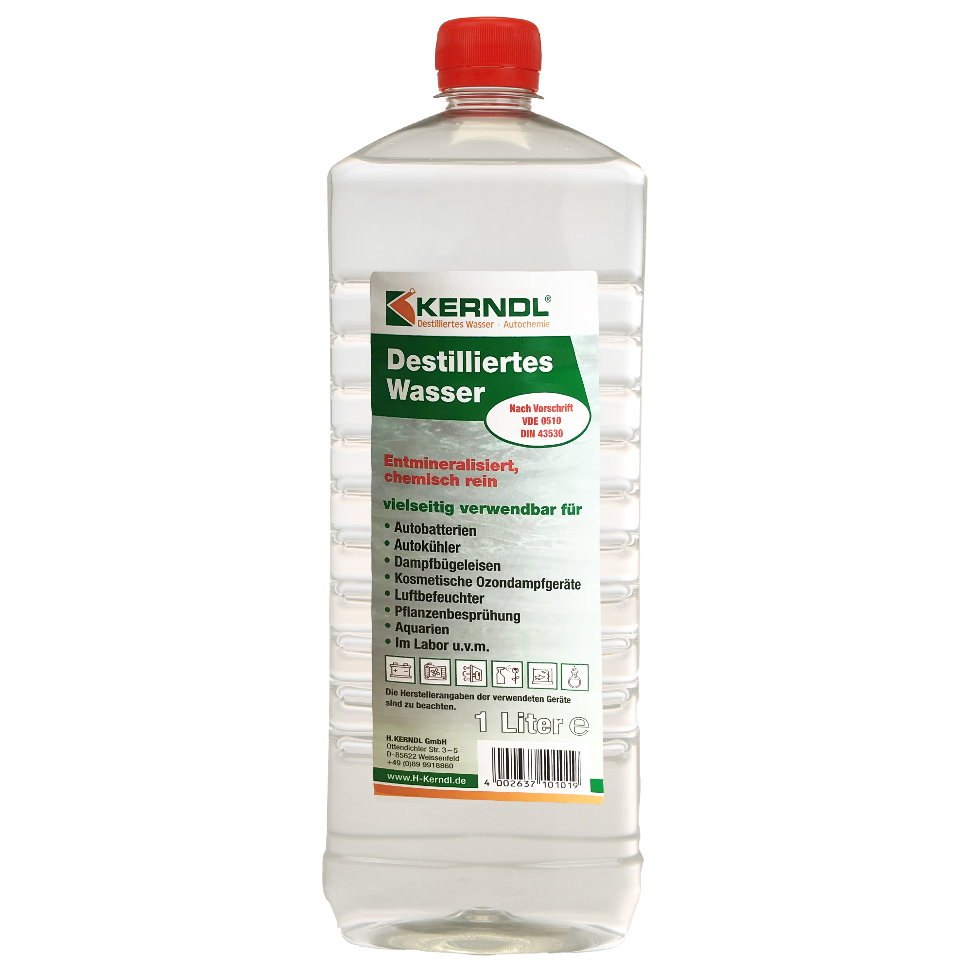 KERNDL Aqua Dest ist ein einfach destilliertes Laborwasser. Es wird im Bereich der Medizin, Pharmazie, Chemie und Technik verwendet. 1 L, 2 L, 5 L oder 10 L.